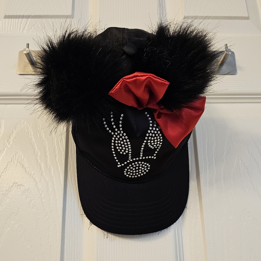 Disney Minnie Mouse Cap Youth Black Satin Red Bow Rhinestones